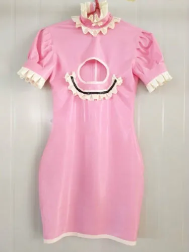 

New Latex Dress Rubber Maid Dress Cosplay Cute Women Fashion Pink Skirt XXS- XXL