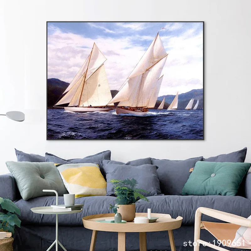Хлопковая классическая белая Парусная картина без рамки на синем море Печать