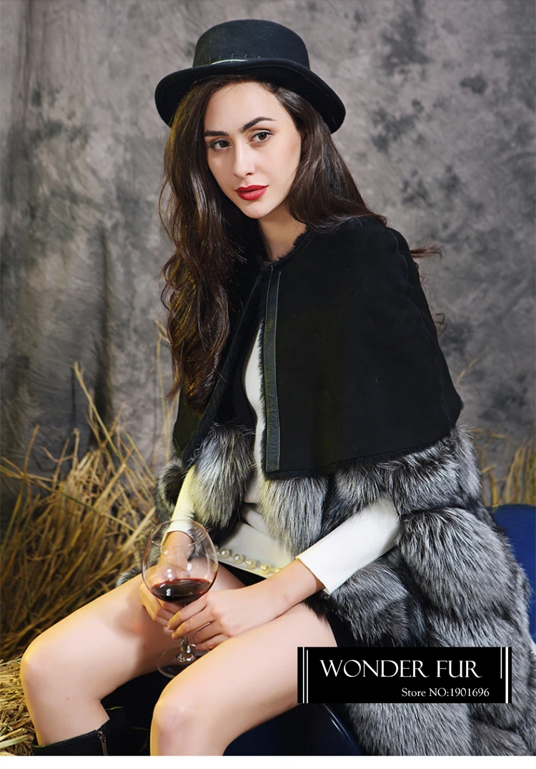 Уникальный Стиль натуральное серебряное пончо с мехом лисы Мериносовой овцы