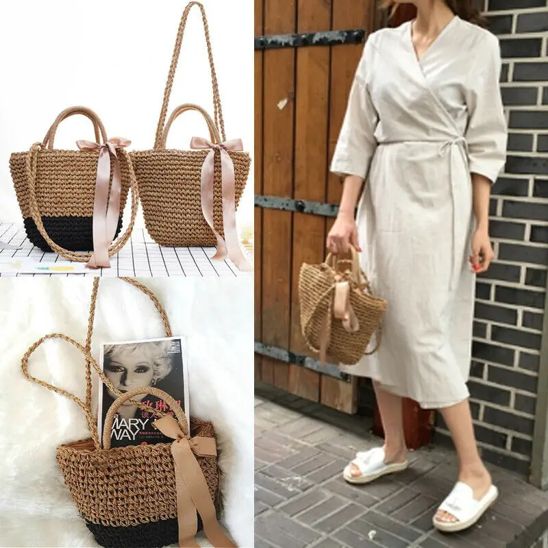 Женская плетеная Сумка из ротанга Пляжная Повседневная через плечо с соломенным