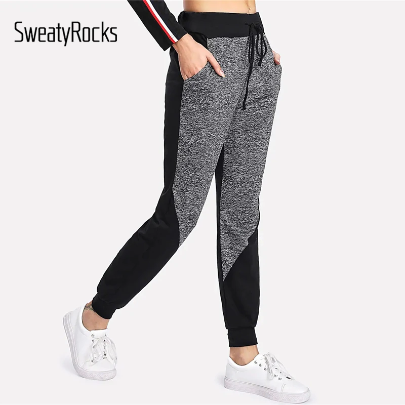 SweatyRocks Marled панельные спортивные штаны с завязками женская спортивная одежда с цветными блоками Морковные брюки весна осень тренировочные повседневные штаны