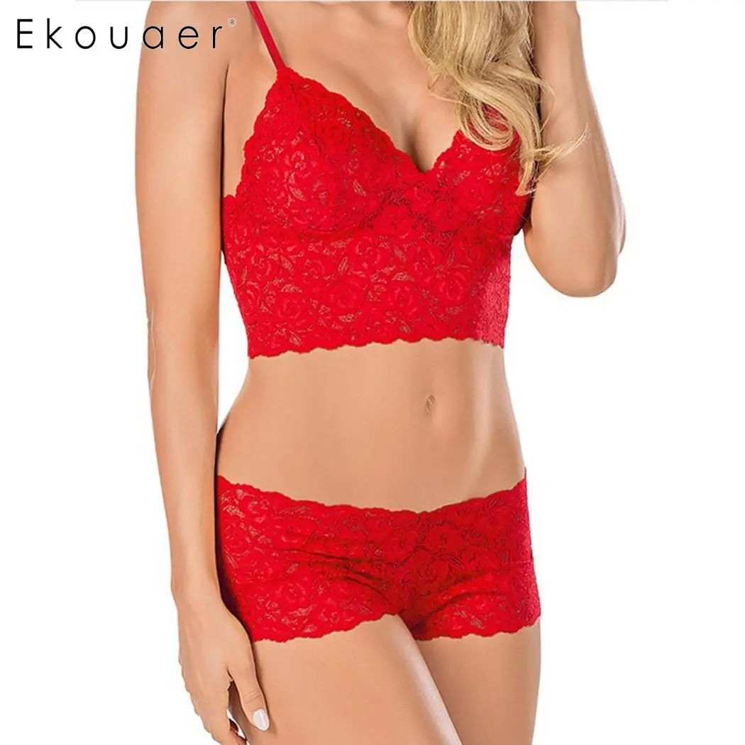 Ekouaer Plus Size Sexy Lace Bra Set Lingerie Two Piece Underwear Spaghetti Strap Transparent Bras Women Sleepwear Suit | Женская одежда