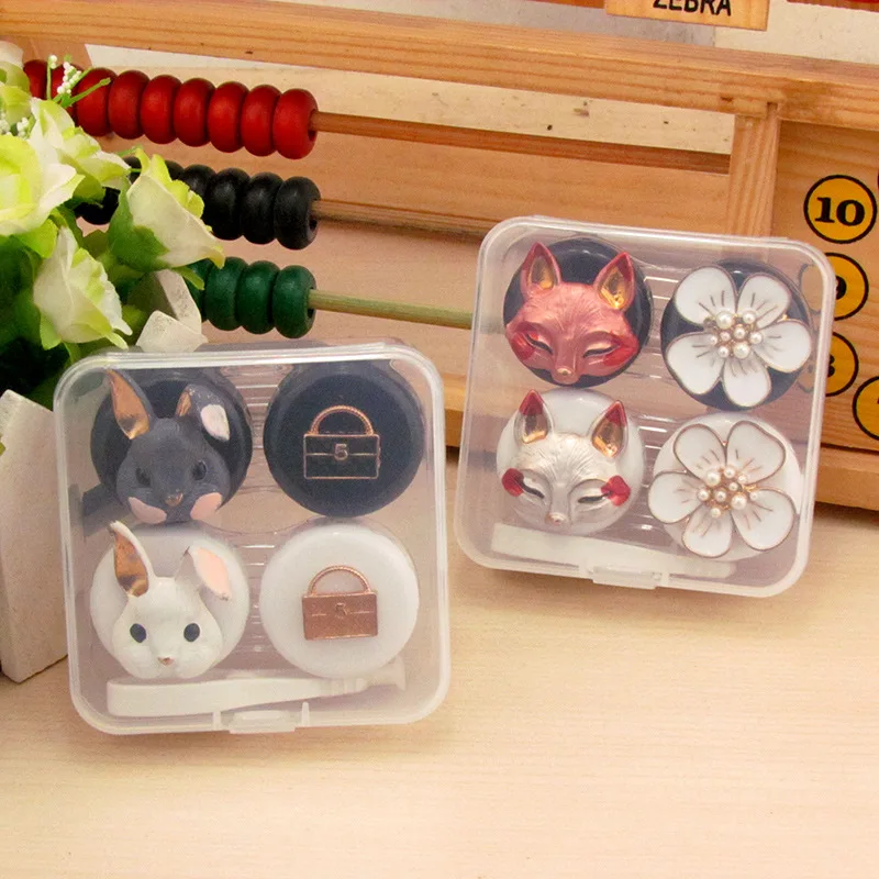 

4set(8pc)/lot Animal rabbit fox contact lenses case / companion box / eyeglasses box / lens care/storage case/2pc into