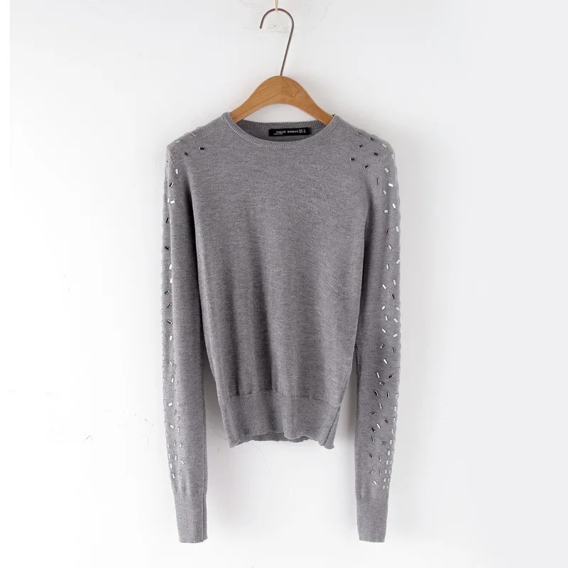 Grey Woman Sweaters Arvinxia ZA модные облегающие Женские свитера с круглым вырезом, Новые однотонные женские свитера с аппликацией, шикарные рубашки с высокой талией и длинными рукавами - Цвет: Grey Woman Sweaters