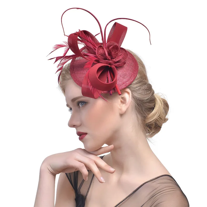 Красные/белые/черные шляпы Sinamay Королевский fascinators Свадебные гонок коктейль чародей женщины белье перо шляпа вечерние аксессуары для волос