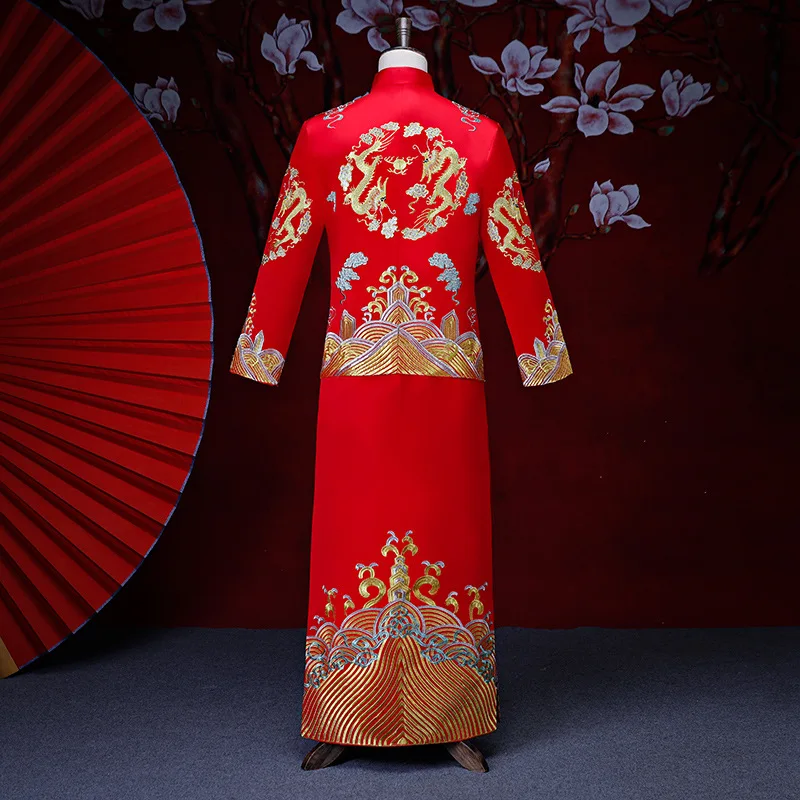 Китайский стиль свадебные мужские Потрясающие костюмы платье с красной вышивкой - Фото №1