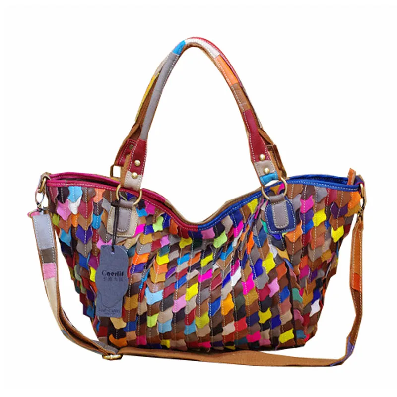 Сумка-тоут женская из натуральной кожи черная цветная большая сумка-мессенджер