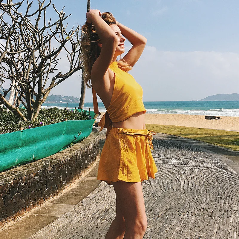 Желтый Boho сплошным принтом комплект из двух предметов комбинезоны Для женщин