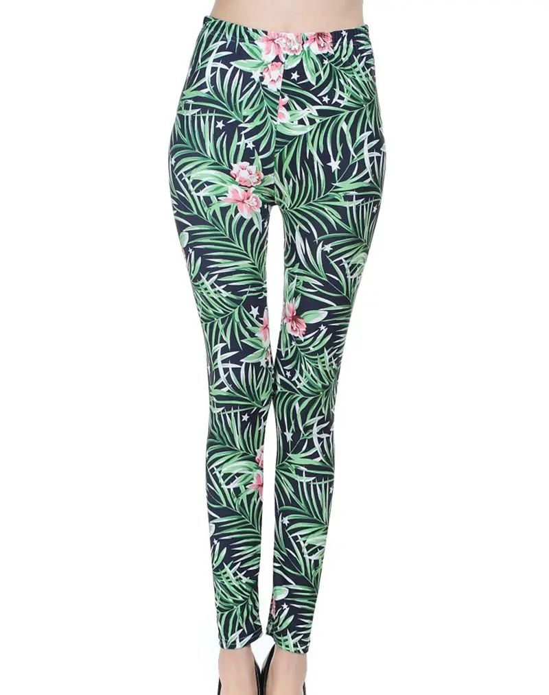 Цветной принт с цветочным рисунком эластичные синие зеленые Леггинсы узором