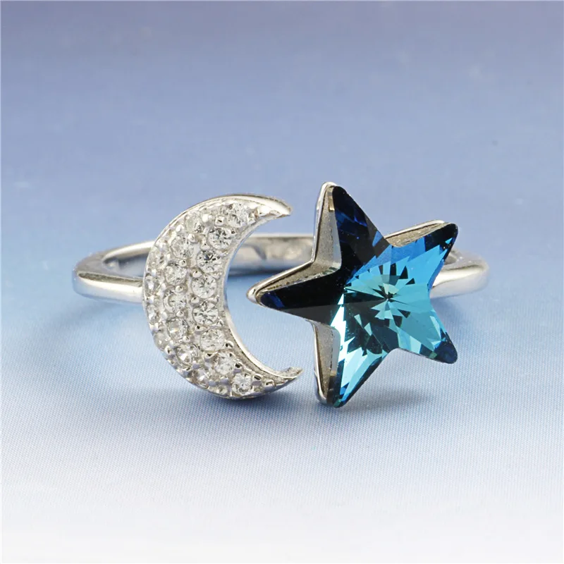blue star moon cz open ring 100% Sterling 925 silver Jewelry Vintage Adjustable rings for women girl gift free size | Украшения и