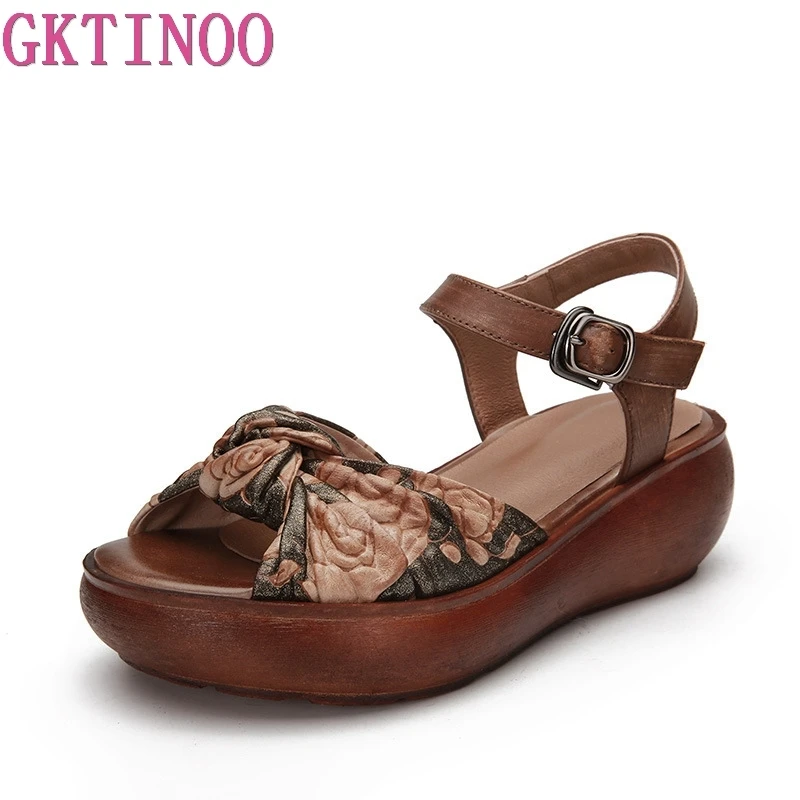 GKTINOO/женские босоножки; коллекция года; летние сандалии-гладиаторы из натуральной кожи; женская обувь; модная повседневная обувь на танкетке; сандалии ручной работы