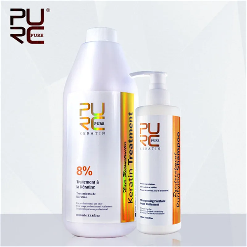 PURC 2PCS Hot Sale 8% Formalin Brazilian Keratin Hair Treatment 1000ML+300ML Purifying Shampoo Deep Repair Damage Hair Care Set