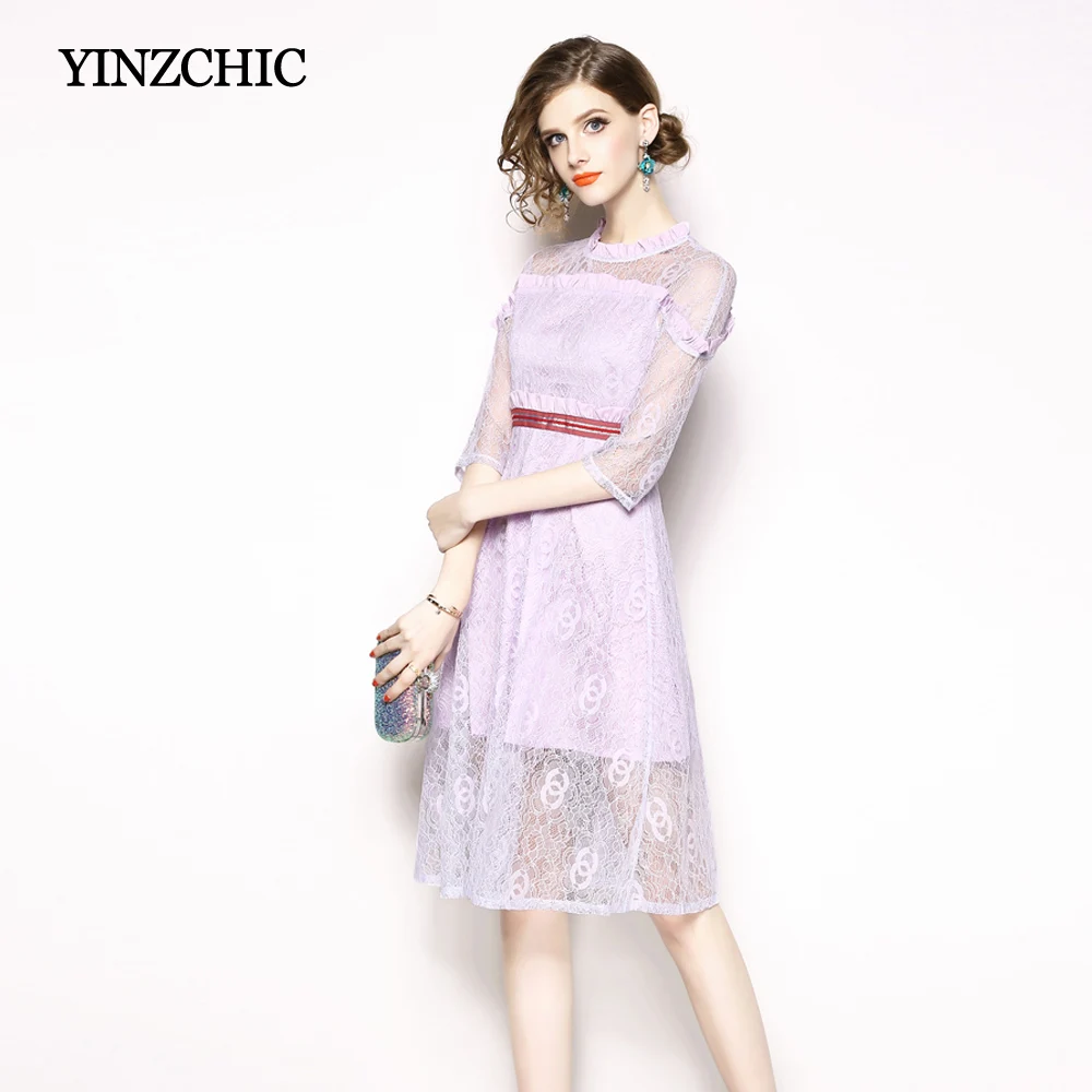 Ранняя осень женское платье из кружева однотонное лавандовое OL элегантные