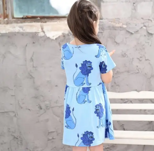 Children kids Summer Dress Baby Girls Cartoon Lion Print Short Sleeve Princess Blue | Детская одежда и обувь