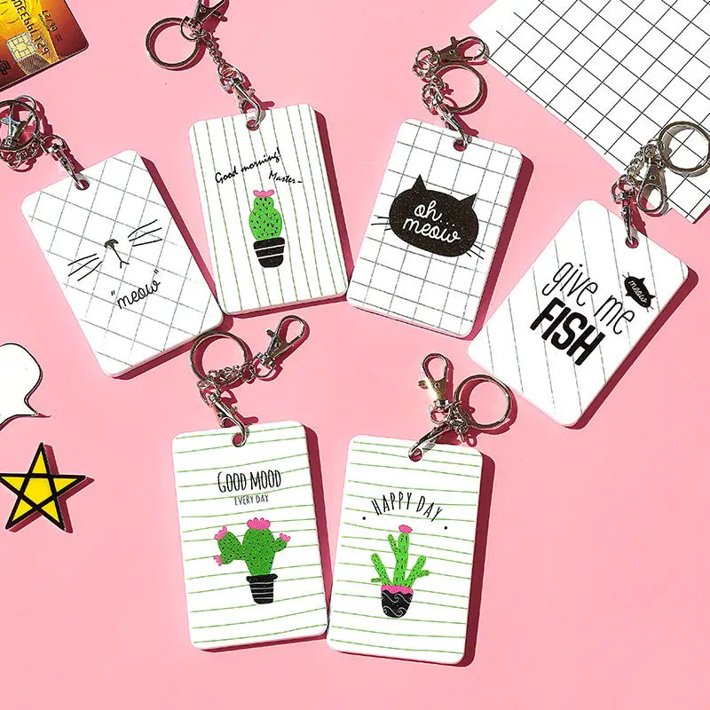 

Coloffice Cute Korean White Card Holder Cartoon Cat Cactus Bus Card Set Portable ID Card Package Students Stationery Gift 1Piece