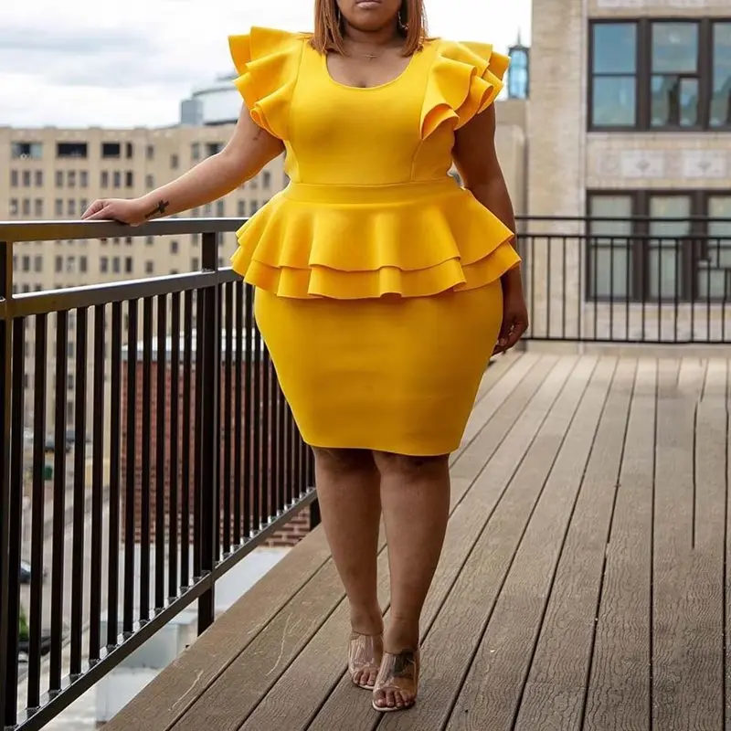 Элегантное желтое платье с оборками 2019 Летнее Платье До Колена Falbala коротким