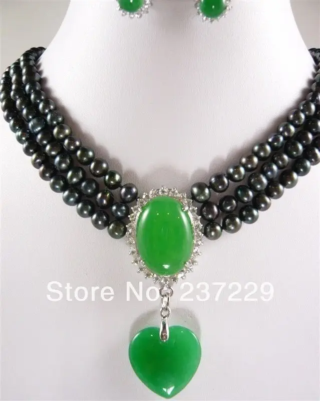 Оптовая цена БЕСПЛАТНАЯ ДОСТАВКА ^ 3 ряда черный и белый жемчуг зеленый камень