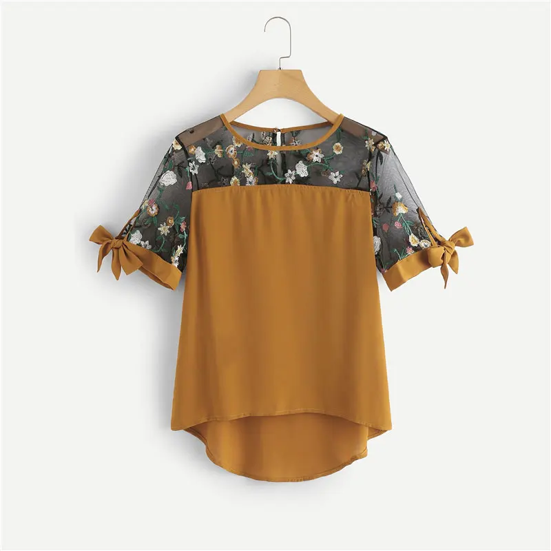 Dotfashion плюс контрастная сетчатая Цветочная вышитая блузка Лето Boho узел Женские топы и блузки женские топы с коротким рукавом