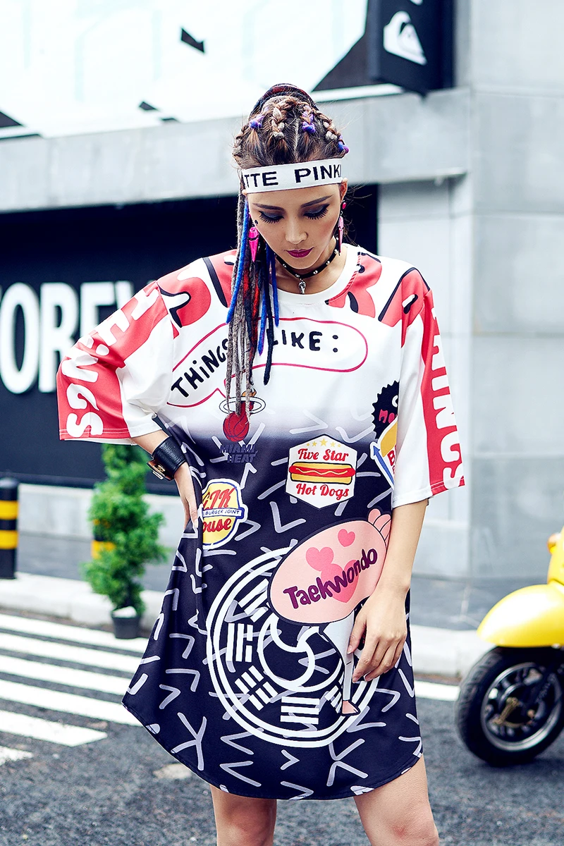 

Goddess tide suit rock short-sleeved T-shirt rock long section large size T-shirt cool print popular dress skirt female