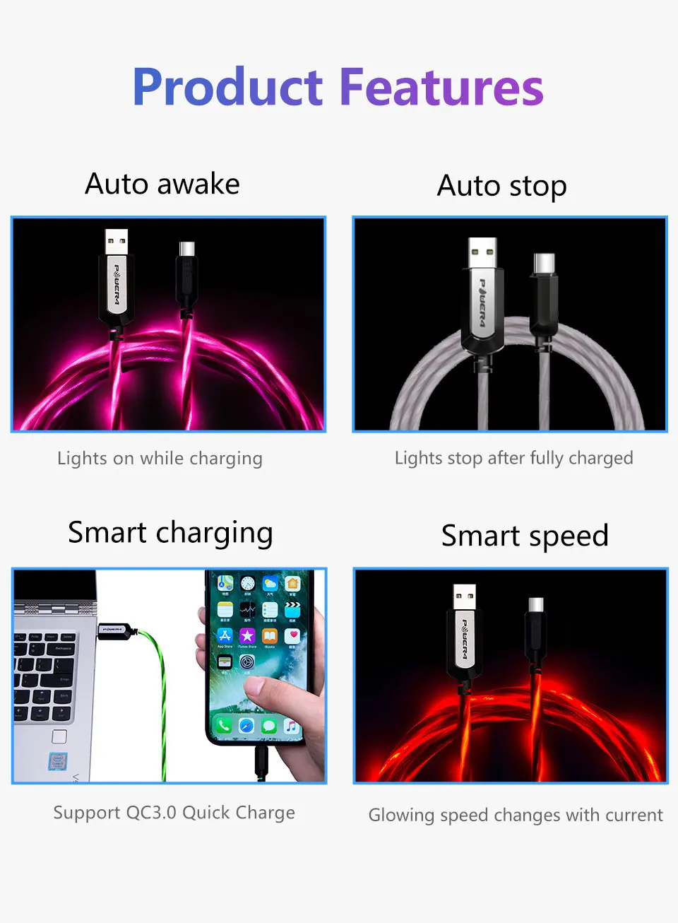 Power4 светодиодное освещение USB кабели для Lightning/Micro/usb type C зарядный шнуры для iPhone LG Nokia samsung huawei Xiaomi