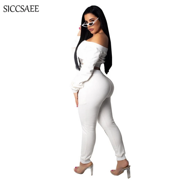 Backless Crop Top Off Shoulder Slash Neck Ribbons Lace Up Long Pants Suits Two Piece Set Women's Sexy Casual Outfits White Fall | Женская