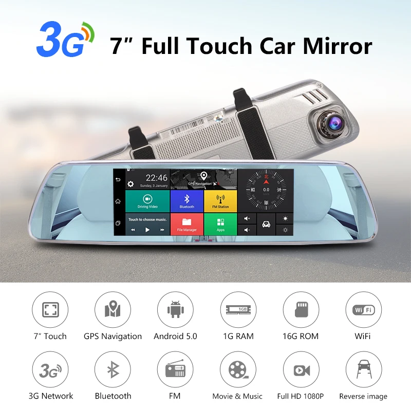 Jansite dash cam 7 дюймов Автомобильный видеорегистратор ips супер Сенсорный экран Bluetooth 3g