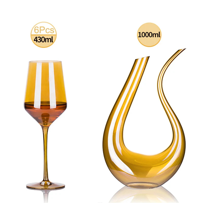 6pcs and Decanter 2/4/6 шт. без-этилированный Кристальный стеклянный стакан вина с гальваническим покрытием золотистое шампанское очки u-образный графин Имеющий форму бар отеля вечерние посуда для напитков - Цвет: 6pcs and Decanter