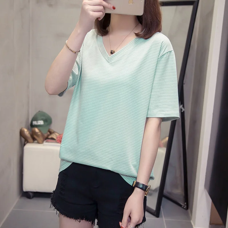 green Nkandby размера плюс женская футболка с v-образным вырезом Топ летняя одежда Повседневная полосатая с коротким рукавом Vogue футболка винтажная 4xl Футболка для женщин - Цвет: green