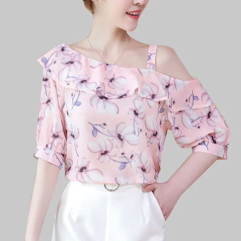 Женские шифоновые рубашки Softu с коротким рукавом и цветочным принтом на плечо