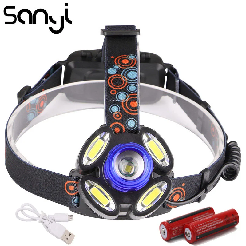 

SANYI 1*T6+4*COB LED Headlight 4 Modes Flashlight Forehead Camping Light Lamp Zoomable Headlamp 2* 18650 Batteries