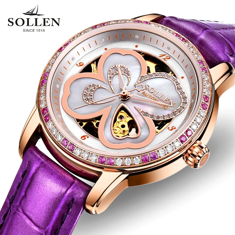 Orologio Donna Элитный бренд SOLLEN Скелет Для женщин часы в форме счастливого клевера для