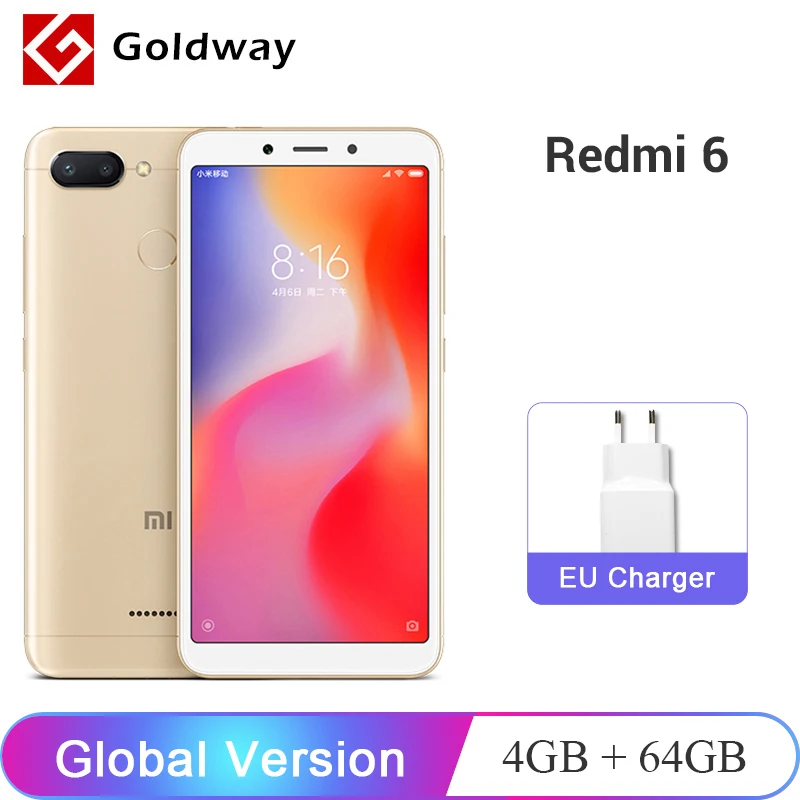 Xiaomi Redmi 6 смартфон с восьмиядерным процессором Helio P22 ОЗУ 4 Гб ПЗУ 64 ГБ 12 Мп + 5 МП 45