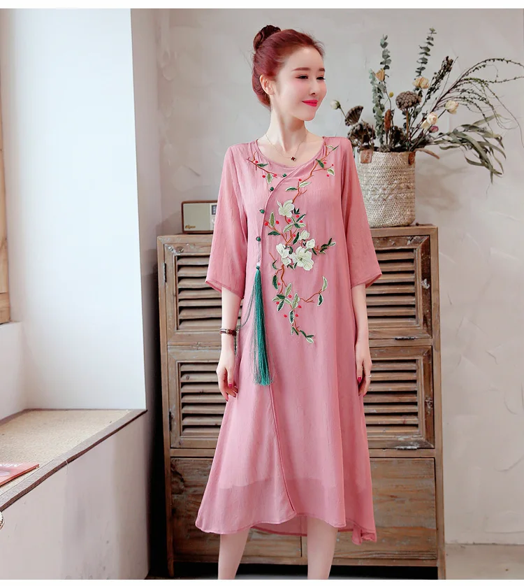 Женское Вышитое Платье миди с вышивкой размера плюс женское летнее винтажное