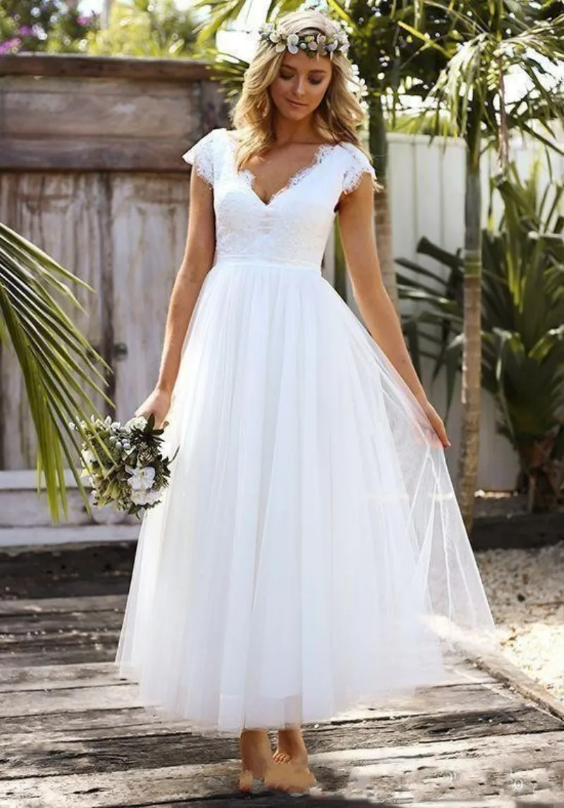White Wedding Dresses Lace Tulle Bridal Gowns Ankle Length Vestidos De Novia V-neck Custom Made 2019 A-line | Свадьбы и торжества