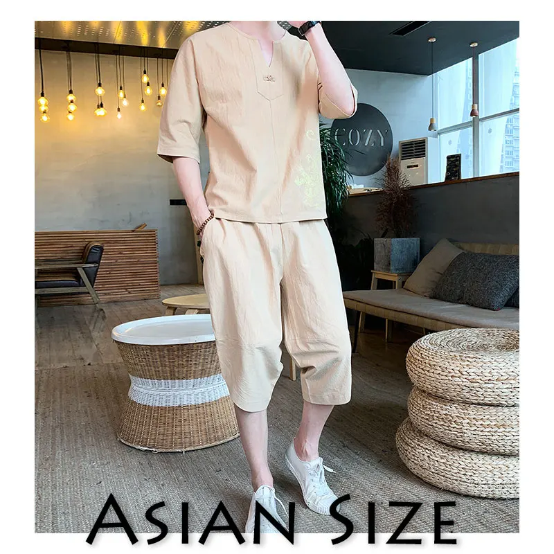 Sinicism Store, Мужской комплект, повседневный костюм, хлопковая льняная футболка, мужские шорты, Мужская футболка оверсайз, Мужская футболка, летний спортивный костюм с вышивкой - Цвет: TZ155 Khaki