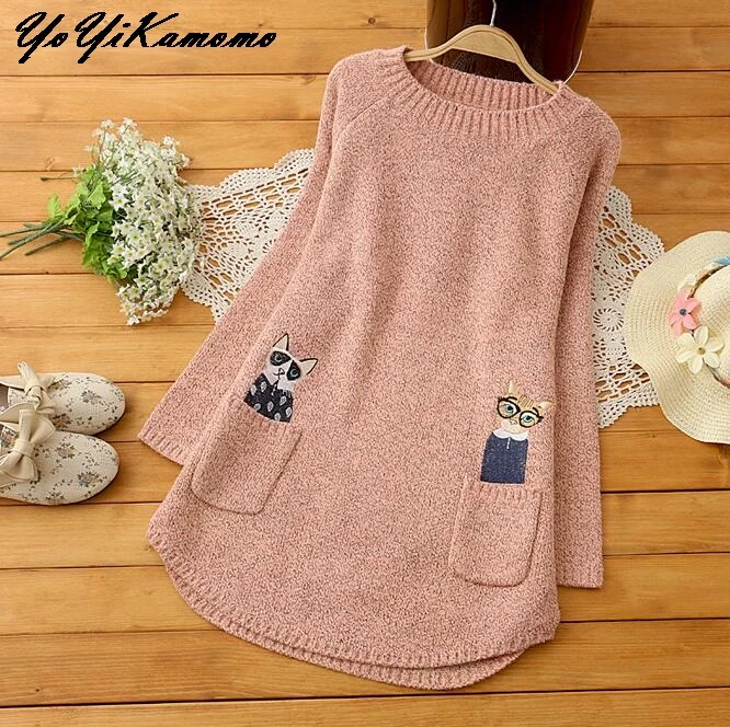 YoYiKamomo Winter Sweater Women 2018 New Japanese Mori Girl Long-sleeved Pregnant Embroidery Pullovers Knit Loose Tops | Женская одежда