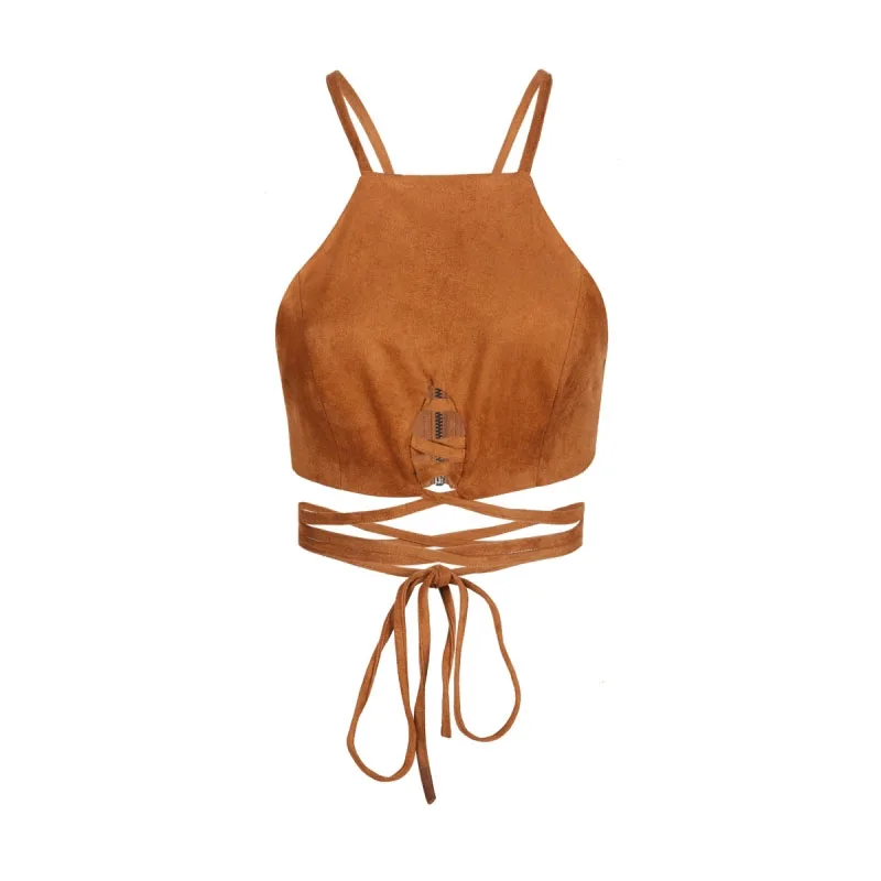 HDY Haoduoyi Для женщин Бохо коричневый из искусственной замши Cami Crop Top в китайском