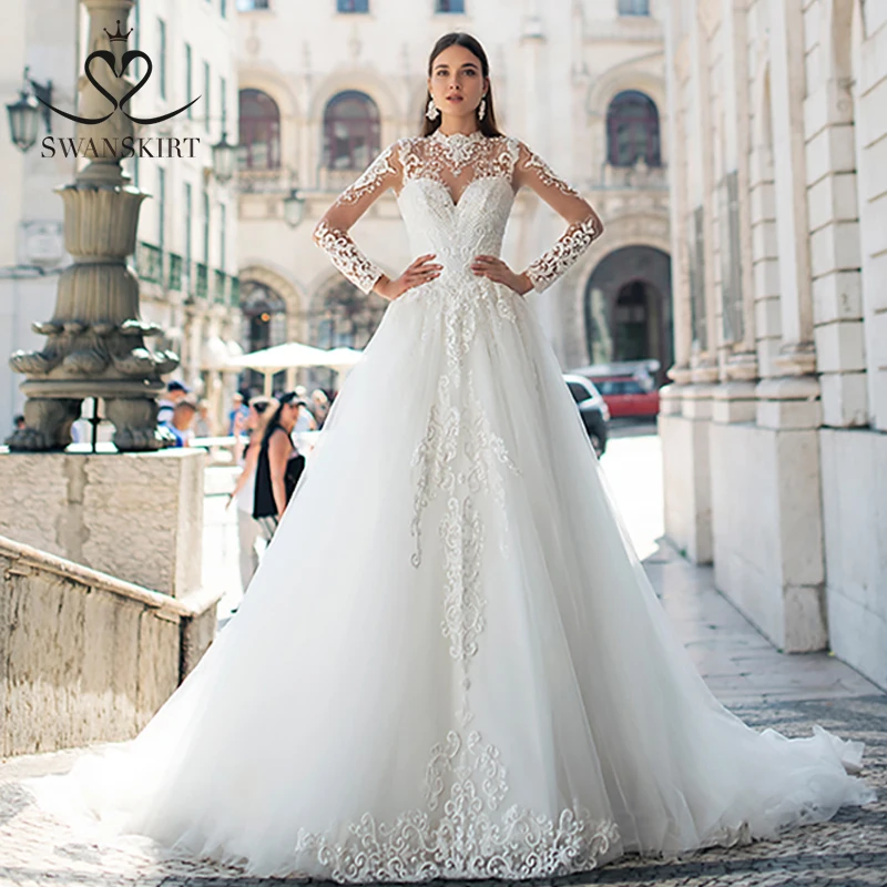 Swanskirt винтажное свадебное платье с высоким воротом 2020 Модное бальное аппликацией