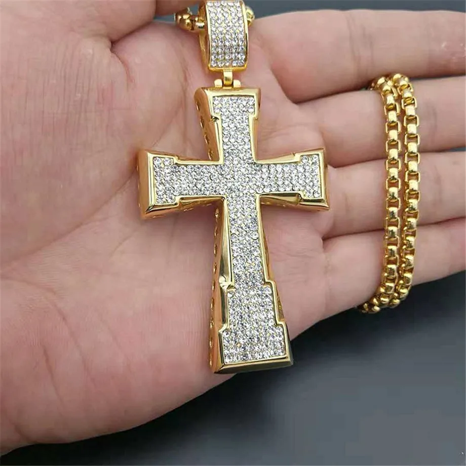 Купи Men's Necklace Iced Out Rhinestones Big Cross Pendant Necklace For Men Gold Color Stainless Steel Chain Hip Hop Jewelry за 1,016 рублей в магазине AliExpress