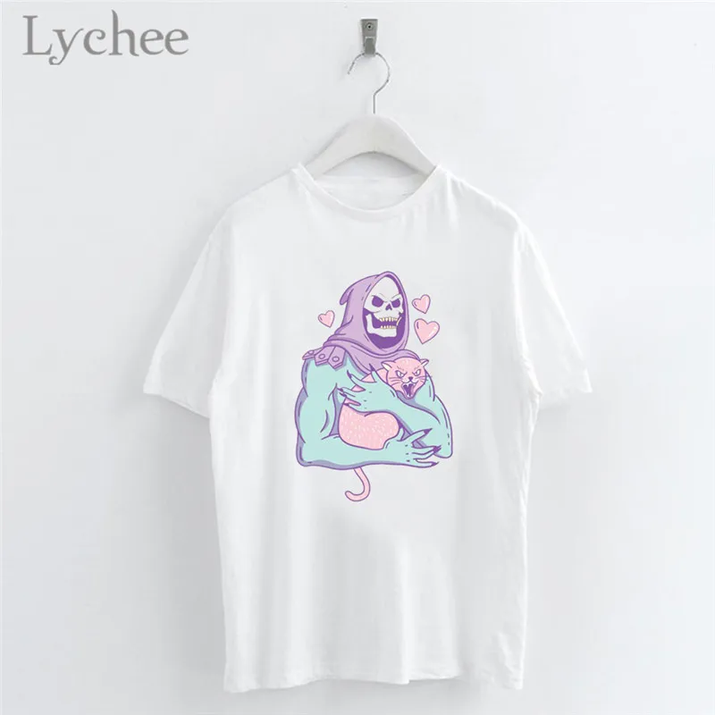 Женская футболка Lychee Harajuku с принтом черепа, Повседневная белая футболка с коротким рукавом и круглым вырезом, женская футболка