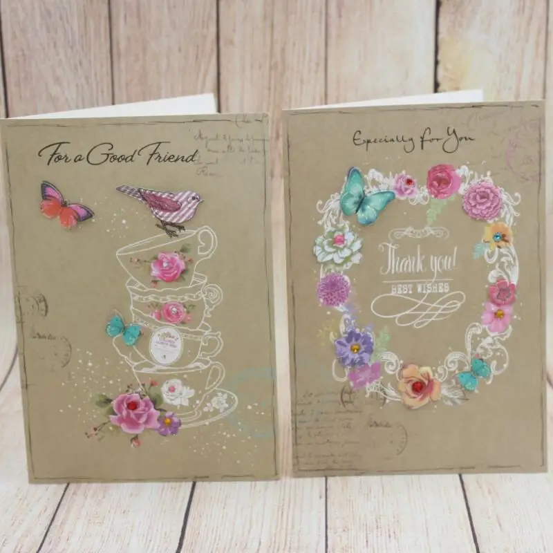 

16pcs/lot Nostalgic Vintage Kraft Paper Card Handmade Applique Blessing Cards Universal Thank You Gift Card Winth Envelope