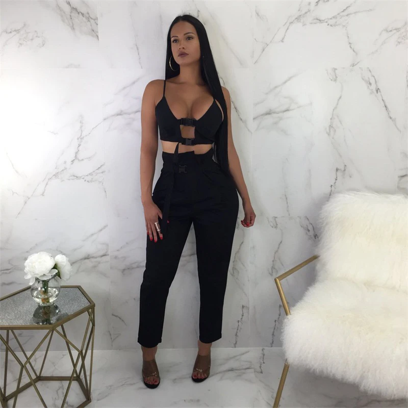 InstaHot Женский комплект 2 шт. оранжевые черные повседневные сексуальные с пряжкой штаны и укороченный топ с оборками брюки карго женские осенние Клубные комплекты