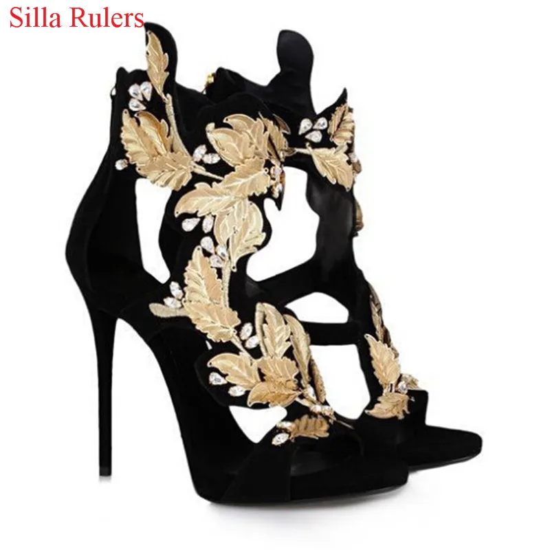 Роскошные женские босоножки с золотыми листьями черные замшевые сандалии