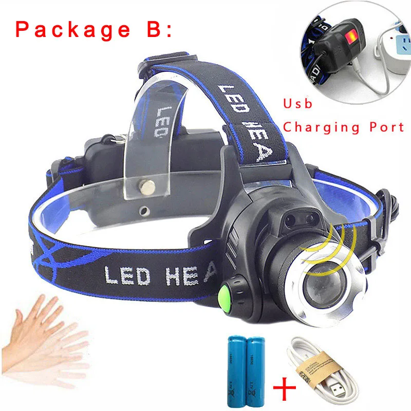 Option B Высокомощный USB датчик T6 L2 светодиодный налобный фонарь, фонарик hoofdlamp 18650 головной фонарь, фонарь для рыбалки, кемпинга, верховой езды - Испускаемый цвет: Option B