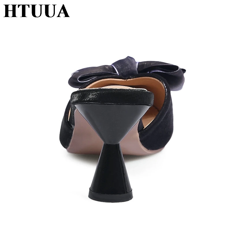 HTUUA/модные шлепанцы с блестками и бантом женские туфли без задника сезон