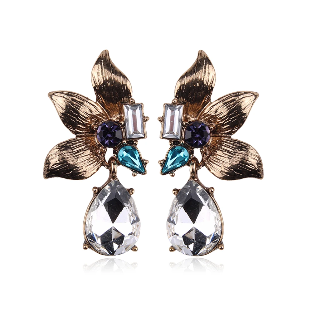 QOOKOO I Metal Leaves Earrings Clear Crystal Flower Pendant Earing Waterdrop Alloy Statement Vintage Short Dangle Women | Украшения и