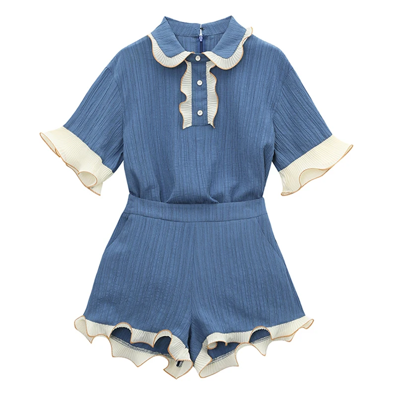 Возможно U синий отложной воротник клеш короткий рукав кнопка молния шорты