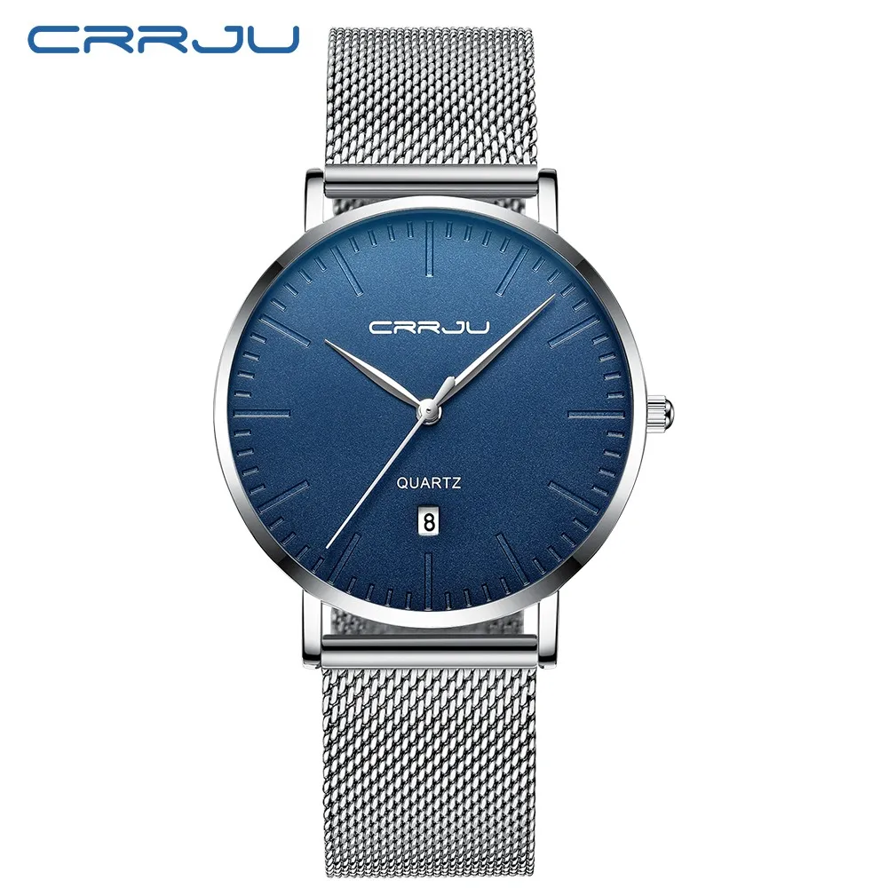 silver blue Мужские наручные часы люксовый бренд CRRJU мужские s кварцевые часы мужские деловые мужские часы джентльмен повседневные модные наручные часы - Цвет: silver blue