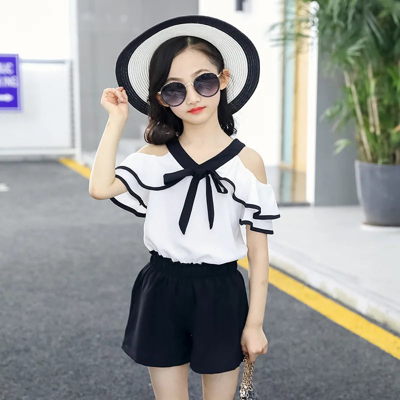Kids Clothes For Girls Fashion Chiffon Shirt + Shorts Suit Summer Teenage Clothing Set 4 6 8 10 13 Year | Детская одежда и обувь