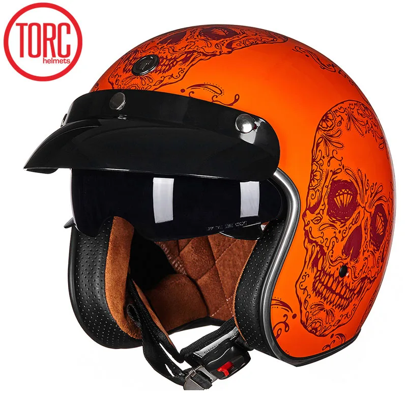 TORC T57 винтажный шлем moto rcycle с открытым лицом 3/4 шлем с внутренним козырьком moto cross jet Ретро capacete мотоциклетный шлем ECE - Цвет: ORANGE SKULL